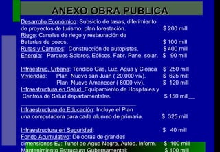 ANEXO OBRA PUBLICA Desarrollo Económico : Subsidio de tasas, diferimiento de proyectos de turismo, plan forestación.  $ 200 mill Riego : Canales de riego y restauración de  Baterías de pozos.  $ 100 mill  Rutas y Caminos :  Construcción de autopistas.  $ 400 mill Energía :  Parques Solares, Eólicos, Fabr. Pane. solar.  $  90 mill  Infraestruc. Urbana : Tendido Gas, Luz, Agua y Cloaca  $  250 mill Viviendas :  Plan  Nuevo san Juan ( 20.000 viv).  $  625 mill Plan  Nuevo Amanecer ( 8000 viv).  $  120 mill Infraestructura en Salud:  Equipamiento de Hospitales y  Centros de Salud departamentales.  $ 150 mill   Infraestructura de Educación : Incluye el Plan  una computadora para cada alumno de primaria.  $  325 mill  Infraestructura en Seguridad :  $  40 mill Fondo Acumulativo : De obras de grandes dimensiones EJ: Túnel de Agua Negra, Autop. Inform.  $  100 mill Mantenimiento Estructura Gubernamental :  $ 100 mill  TOTAL INV. EN  GASTOS DE CAPITAL  $ 2500 MILL 