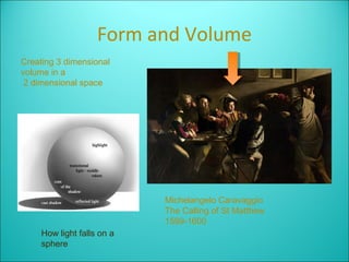 Form and Volume
Creating 3 dimensional
volume in a
 2 dimensional space




                            Michelangelo Caravaggio
                            The Calling of St Matthew
                            1599-1600
     How light falls on a
     sphere
 