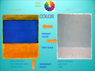 Color
                  wheel
SATURATED




                          PRIMARY
                          COLOR



                          GREY SCALE




MARK ROTHKO                            MARK ROTHKO
THE TRAGEDY AND      SECONDARY         UNTITLED
THE ECSTASY          COLOR             1969
 