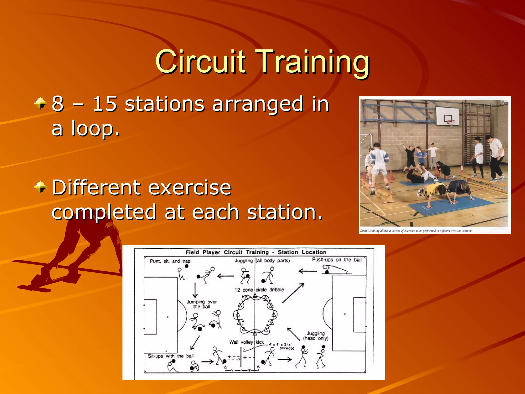 Circuit Training
8 – 15 stations arranged in
a loop.

Different exercise
completed at each station.
 