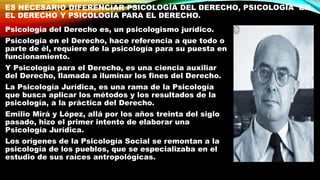 ES NECESARIO DIFERENCIAR PSICOLOGÍA DEL DERECHO, PSICOLOGÍA EN
EL DERECHO Y PSICOLOGÍA PARA EL DERECHO.
Psicología del Derecho es, un psicologismo jurídico.
Psicología en el Derecho, hace referencia a que todo o
parte de él, requiere de la psicología para su puesta en
funcionamiento.
Y Psicología para el Derecho, es una ciencia auxiliar
del Derecho, llamada a iluminar los fines del Derecho.
La Psicología Jurídica, es una rama de la Psicología
que busca aplicar los métodos y los resultados de la
psicología, a la práctica del Derecho.
Emilio Mirá y López, allá por los años treinta del siglo
pasado, hizo el primer intento de elaborar una
Psicología Jurídica.
Los orígenes de la Psicología Social se remontan a la
psicología de los pueblos, que se especializaba en el
estudio de sus raíces antropológicas.
 