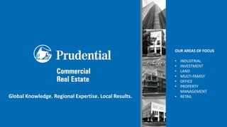 Global Knowledge. Regional Expertise. Local Results.
OUR AREAS OF FOCUS
• INDUSTRIAL
• INVESTMENT
• LAND
• MULTI-FAMILY
• OFFICE
• PROPERTY
MANAGEMENT
• RETAIL
 
