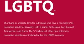 Shorthand or umbrella term for individuals who have a non-hetero/cis-
normative gender or sexuality. LGBTQ stands for Lesbian, Gay, Bisexual,
Transgender, and Queer. The ‘+’ includes all other non-hetero/cis
normative identities not included within the LGBTQ acronym.
LGBTQ+
 