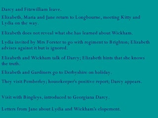 Darcy and Fitzwilliam leave.  Elizabeth, Maria and Jane return to Longbourne, meeting Kitty and Lydia on the way.  Elizabeth does not reveal what she has learned about Wickham.  Lydia invited by Mrs Forster to go with regiment to Brighton; Elizabeth advises against it but is ignored.  Elizabeth and Wickham talk of Darcy; Elizabeth hints that she knows the truth.  Elizabeth and Gardiners go to Derbyshire on holiday. They visit Pemberley; housekeeper's positive report; Darcy appears.  Visit with Bingleys, introduced to Georgiana Darcy.  Letters from Jane about Lydia and Wickham's elopement. 
