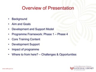 Overview of Presentation Background  Aim and Goals Development and Support Model Programme Framework: Phase 1 – Phase 4 Core Training Content Development Support  Impact of programme Where to from here? – Challenges & Opportunities 