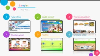 1 2 3
4 5 6
Samples
14
Future Five LWBE School The Creative Chef
Wonder world Techfix Multiple Grow
Many More …
 