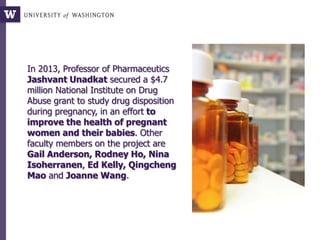 In 2013, Professor of Pharmaceutics
Jashvant Unadkat secured a $4.7
million National Institute on Drug
Abuse grant to study drug disposition
during pregnancy, in an effort to
improve the health of pregnant
women and their babies. Other
faculty members on the project are
Gail Anderson, Rodney Ho, Nina
Isoherranen, Ed Kelly, Qingcheng
Mao and Joanne Wang.
 