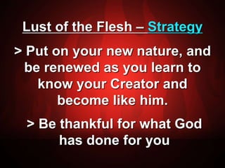 Lust of the Flesh – Strategy 
> Put on your new nature, and 
be renewed as you learn to 
know your Creator and 
become like him. 
> Be thankful for what God 
has done for you 
 