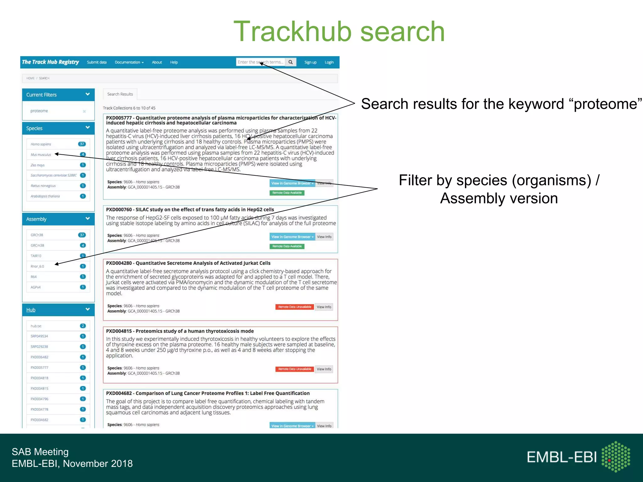 SAB Meeting
EMBL-EBI, November 2018
Trackhub search
Search results for the keyword “proteome”
Filter by species (organisms) /
Assembly version
 