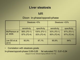 Liver steatosis
MR
Dixon in-phase/opposit-phase
• Correlation with steatosis grade
In-phase/opposit-phase 0,68-0,69 fat saturated T2 0,61-0,54
(Qayyum A et al. Clinical imaging 2009;33:110-115)
Steatosis >5% Steatosis >33%
sensitivity specificity sensitivity specificity
McPherson et
al. 2009.
88% (F0-1)
87% (F2-4)
100% (F0-1)
83% (F2-4)
93% (F0-1)
85% (F2-4)
97% (F0-1)
97% (F2-4)
Lee SS et al.
2010
90,9% 87,1% 90,9% 94%
 