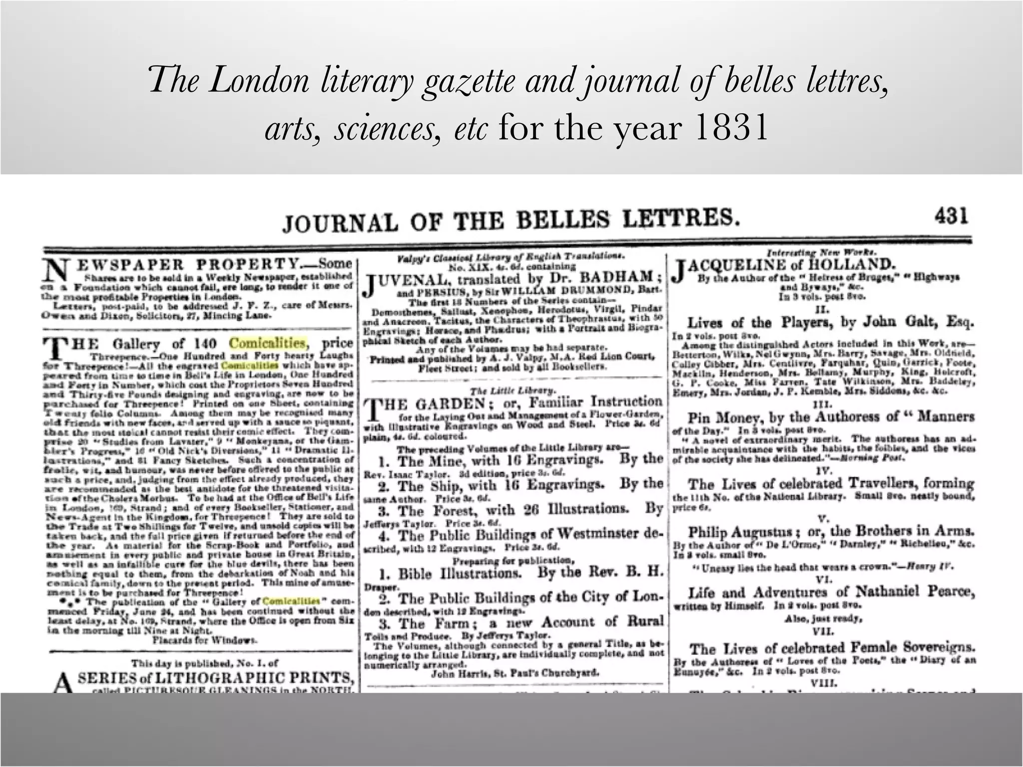 The London literary gazette and journal of belles lettres, arts, sciences, etc  for the year 1831 