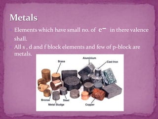  Elements which have small no. of e- in there valence
shall.
 All s , d and f block elements and few of p-block are
metals.
 