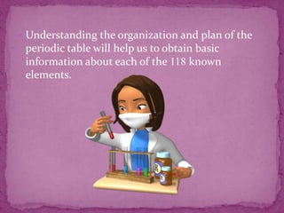  Understanding the organization and plan of the
periodic table will help us to obtain basic
information about each of the 118 known
elements.
 