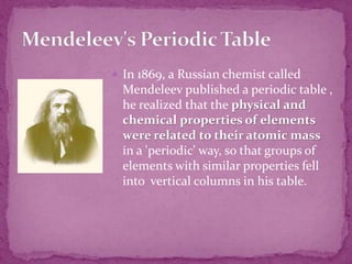  In 1869, a Russian chemist called
Mendeleev published a periodic table ,
he realized that the physical and
chemical properties of elements
were related to their atomic mass
in a 'periodic' way, so that groups of
elements with similar properties fell
into vertical columns in his table.
 