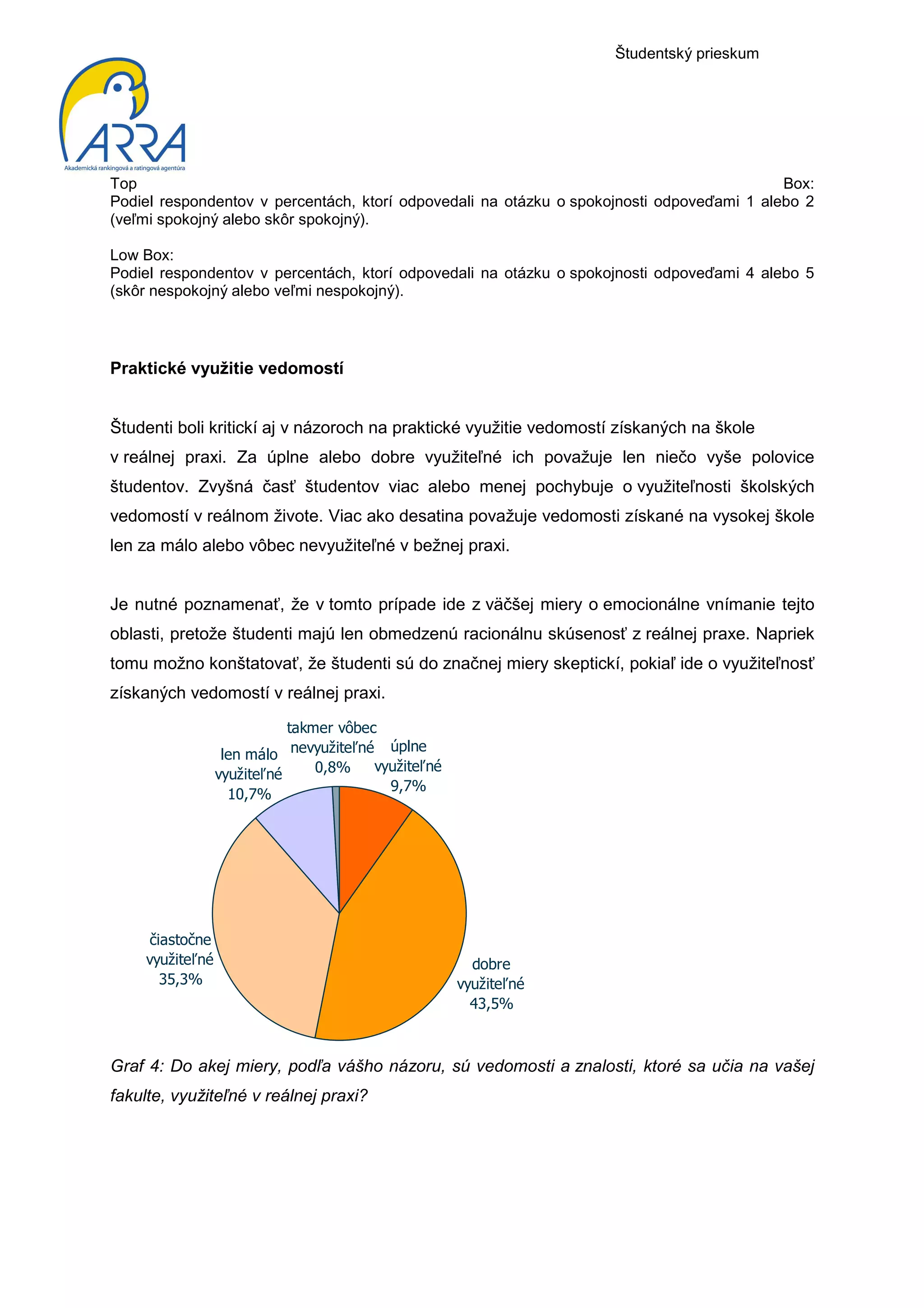 Študentský prieskum




Top                                                                                        Box:
Podiel respondentov v percentách, ktorí odpovedali na otázku o spokojnosti odpoveďami 1 alebo 2
(veľmi spokojný alebo skôr spokojný).

Low Box:
Podiel respondentov v percentách, ktorí odpovedali na otázku o spokojnosti odpoveďami 4 alebo 5
(skôr nespokojný alebo veľmi nespokojný).




Praktické využitie vedomostí


Študenti boli kritickí aj v názoroch na praktické využitie vedomostí získaných na škole
v reálnej praxi. Za úplne alebo dobre využiteľné ich považuje len niečo vyše polovice
študentov. Zvyšná časť študentov viac alebo menej pochybuje o využiteľnosti školských
vedomostí v reálnom živote. Viac ako desatina považuje vedomosti získané na vysokej škole
len za málo alebo vôbec nevyužiteľné v bežnej praxi.


Je nutné poznamenať, že v tomto prípade ide z väčšej miery o emocionálne vnímanie tejto
oblasti, pretože študenti majú len obmedzenú racionálnu skúsenosť z reálnej praxe. Napriek
tomu možno konštatovať, že študenti sú do značnej miery skeptickí, pokiaľ ide o využiteľnosť
získaných vedomostí v reálnej praxi.

                             takmer vôbec
                                           úplne
                   len málo nevyužiteľné
                                 0,8%    využiteľné
                  využiteľné
                                           9,7%
                    10,7%




      čiastočne
     využiteľné                                         dobre
        35,3%                                         využiteľné
                                                        43,5%



Graf 4: Do akej miery, podľa vášho názoru, sú vedomosti a znalosti, ktoré sa učia na vašej
fakulte, využiteľné v reálnej praxi?
 