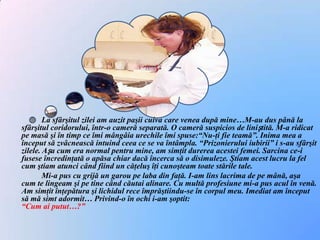 La sfârşitul zilei am auzit paşii cuiva care venea după mine…M-au dus până la sfârşitul coridorului, într-o cameră separată. O cameră suspicios de liniștită. M-a ridicat pe masă şi în timp ce îmi mângâia urechile îmi spuse:“Nu-ţi fie teamă”. Inima mea a început să zvâcnească intuind ceea ce se va întâmpla. “Prizonierului iubirii” i s-au sfârşit zilele. Așa cum era normal pentru mine, am simţit durerea acestei femei. Sarcina ce-i fusese încredinţată o apăsa chiar dacă încerca să o disimuleze. Ştiam acest lucru la fel cum ştiam atunci când fiind un căţeluş îţi cunoşteam toate stările tale.		Mi-a pus cu grijă un garou pe laba din faţă. I-am lins lacrima de pe mână, aşa cum te lingeam şi pe tine când căutai alinare. Cu multă profesiune mi-a pus acul în venă. Am simţit înţepătura şi lichidul rece împrăştiindu-se în corpul meu. Imediat am început să mă simt adormit… Privind-o în ochi i-am şoptit:“Cum ai putut…?”