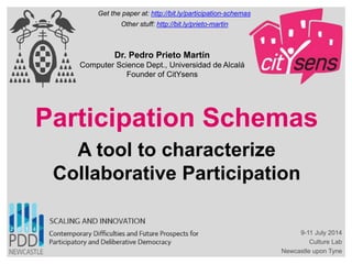 Participation Schemas
A tool to characterize
Collaborative Participation
Dr. Pedro Prieto Martín
Computer Science Dept., Universidad de Alcalá
Founder of CitYsens
9-11 July 2014
Culture Lab
Newcastle upon Tyne
Get the paper at: http://bit.ly/participation-schemas
Other stuff: http://bit.ly/prieto-martin
 