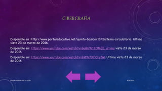 CIBERGRAFÍA
Disponible en :http://www.portaleducativo.net/quinto-basico/13/Sistema-circulatorio. Ultima
vista 23 de marzo de 2016.
Disponible en: https://www.youtube.com/watch?v=GuB6W12OMEE. ultima vista 23 de marzo
de 2016
Disponible en: https://www.youtube.com/watch?v=GWN7XFOryfM. Ultima vista 23 de marzo
de 2016
4/28/2016PAULA ANDREA PRIETO LEÓN
 
