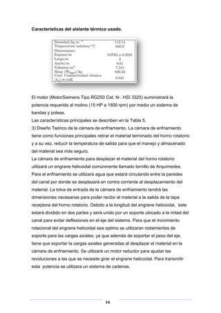 Características del aislante térmico usado.

El motor (MotorSiemens Tipo RG250 Cat. N◦. HSI 3325) suministrará la
potencia requerida al molino (15 HP a 1800 rpm) por medio un sistema de
bandas y poleas.
Las características principales se describen en la Tabla 5.
3) Diseño Teórico de la cámara de enfriamiento. La cámara de enfriamiento
tiene como funciones principales retirar el material terminado del horno rotatorio
y a su vez, reducir la temperatura de salida para que el manejo y almacenado
del material sea más seguro.
La cámara de enfriamiento para desplazar el material del horno rotatorio
utilizará un engrane helicoidal comúnmente llamado tornillo de Arquímedes.
Para el enfriamiento se utilizará agua que estará circulando entre la paredes
del canal por donde se desplazará en contra corriente al desplazamiento del
material. La tolva de entrada de la cámara de enfriamiento tendrá las
dimensiones necesarias para poder recibir el material a la salida de la tapa
receptora del horno rotatorio. Debido a la longitud del engrane helicoidal, ´este
estará dividido en dos partes y será unido por un soporte ubicado a la mitad del
canal para evitar deflexiones en el eje del sistema. Para que el movimiento
rotacional del engrane helicoidal sea optimo se utilizaran rodamientos de
soporte para las cargas axiales; ya que además de soportar el peso del eje,
tiene que soportar la cargas axiales generadas al desplazar el material en la
cámara de enfriamiento. Se utilizará un motor reductor para ajustar las
revoluciones a las que se necesite girar el engrane helicoidal. Para transmitir
esta potencia se utilizara un sistema de cadenas.

16

 