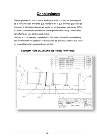 Conclusiones
Este proyecto en fin puede ayudar ecológicamente a cubrir y sanar una parte
de la contaminación ambiental que va creciendo, lo que tenemos que hacer es
disminuir la tala de árboles que va surgiendo con los años y esto causa daños
al planeta, si no al contrario sembrar mas especies de árboles y conservarlos
como fuente de vida para nuestro mundo.
Se trató en todo momento que el diseño de los dispositivos fueran sencillos y
con ello minimizar los costos de la elaboración del proyecto, además que todos
los materiales fueran conseguidos en México;

ESQUEMA FINAL DEL DISEÑO DEL HORNO ROTATORIO.-

18

 