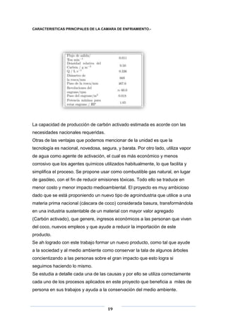 CARACTERISTICAS PRINCIPALES DE LA CAMARA DE ENFRIAMIENTO.-

La capacidad de producción de carbón activado estimada es acorde con las
necesidades nacionales requeridas.
Otras de las ventajas que podemos mencionar de la unidad es que la
tecnología es nacional, novedosa, segura, y barata. Por otro lado, utiliza vapor
de agua como agente de activación, el cual es más económico y menos
corrosivo que los agentes químicos utilizados habitualmente, lo que facilita y
simplifica el proceso. Se propone usar como combustible gas natural, en lugar
de gasóleo, con el fin de reducir emisiones tóxicas. Todo ello se traduce en
menor costo y menor impacto medioambiental. El proyecto es muy ambicioso
dado que se está proponiendo un nuevo tipo de agroindustria que utilice a una
materia prima nacional (cáscara de coco) considerada basura, transformándola
en una industria sustentable de un material con mayor valor agregado
(Carbón activado), que genere, ingresos económicos a las personan que viven
del coco, nuevos empleos y que ayude a reducir la importación de este
producto.
Se ah logrado con este trabajo formar un nuevo producto, como tal que ayude
a la sociedad y al medio ambiente como conservar la tala de algunos árboles
concientizando a las personas sobre el gran impacto que esto logra si
seguimos haciendo lo mismo.
Se estudia a detalle cada una de las causas y por ello se utiliza correctamente
cada uno de los procesos aplicados en este proyecto que beneficia a miles de
persona en sus trabajos y ayuda a la conservación del medio ambiente.

19

 