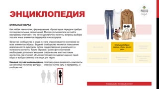 ЭНЦИКЛОПЕДИЯ
СТИЛЬНЫЙ ОБРАЗ
Как любая технология, формирование образа героя передачи требует
последовательных разъяснений. Многие пользователи на сайте
программы отмечают, что им не достаточно понятны вопросы выбора
тех или иных элементов гардероба и аксессуаров.
Зачастую сообщества о моде и стиле ограничиваются коллажем из
всех элементов образа. Задачей сообщества является повышение
вовлеченности аудитории путем предоставления уникального и
полезного контента. Таким образом, кроме фото-коллажей
необходимо дополнить вещание графическим или текстовым
контентом, где стилист объясняет почему он сделал именно такой
образ и выбрал именно эти вещи для героя.

ЭФИР

До и после

Стильный образ:
одежда, обувь, аксесс
уары.

«Секреты»
макияжа

Не вошедшее в эфир

Видео полных
выпусков

Видео нарезки
лучших
моментов

Каждый случай индивидуален, поэтому нужно разделять комплекты
как минимум по типам фигуры — именно в этом суть и программы, и
сообщества.

Уникальный и полезный контент

 