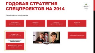 ГОДОВАЯ СТРАТЕГИЯ
СПЕЦПРОЕКТОВ НА 2014
Годовая стратегия по спецпроектам:

4 спецпроекта
для широкой аудитории

In store: Свет
мой, Зеркальце, скажи!

В связке с приложением
«Модный регион»

Mobile: Подружка, которая
всегда с тобой!

Интеграция
с mamba.ru

Интеграция
в приложение «Открытки»

Интеграция
с tvzavr.ru

Амбассадоры: Модный дозор

 