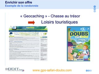 Enrichir son offre Exemple de la randonnée www.gps-safari-doubs.com   « Geocaching » - Chasse au trésor  Loisirs touristiques 