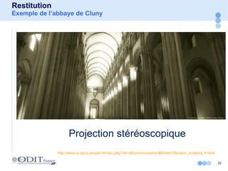 Restitution Exemple de l’abbaye de Cluny http://www.ai.cluny.ensam.fr/main.php?dir=90communication&fichier=20maior_ecclesia_fr.html   Projection stéréoscopique  