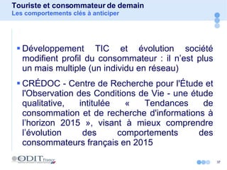 Touriste et consommateur de demain Les comportements clés à anticiper Développement TIC et évolution société modifient profil du consommateur : il n’est plus un mais multiple (un individu en réseau) CRÉDOC - Centre de Recherche pour l'Étude et l'Observation des Conditions de Vie - une étude qualitative, intitulée « Tendances de consommation et de recherche d'informations à l’horizon 2015 », visant à mieux comprendre l’évolution des comportements des consommateurs français en 2015 