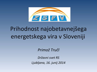 Prihodnost najobetavnejšega
energetskega vira v Sloveniji
Primož Tručl
Državni svet RS
Ljubljana, 16. junij 2014
 