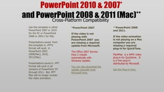 PowerPoint 2010 & 2007*
and PowerPoint 2008 & 2011 (Mac)**
        Cross-Platform Compatibility
  Use this template in either    *PowerPoint 2007            **PowerPoint 2008
  PowerPoint 2007 or 2010                                    and 2011.
  for the PC or PowerPoint       If the video is not
  2008 or 20011 for Mac.         playing with                If the video animation
                                 PowerPoint 2007 you         is not playing on a Mac
  Presentations saved from       are missing a required      computer you are
  this template in .PPTX         update from Microsoft.      missing a required
  format will work in                                        plug-in for QuickTime.
  PowerPoint 2007,               The Office 2007 Service
  2008(Mac), 2010,               Pack 2 installs             Flip4Mac is a WMV video
  2011(Mac).                     automatically with          plug-in for Quicktime. It
                                 Windows Update.             is a free plug-in
  Presentations saved in .PPT                                distributed by Microsoft.
  format will work in all        You can also download the
  versions of PowerPoint „97     update manually from        Get the Plug-in here.
  through 2011. But .PPT         Microsoft here.
  files will no longer contain
  the video animation.
 