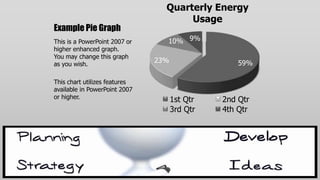 Quarterly Energy
                                      Usage
Example Pie Graph
This is a PowerPoint 2007 or     10% 9%
higher enhanced graph.
You may change this graph
as you wish.
                               23%                 59%

This chart utilizes features
available in PowerPoint 2007
or higher.                           1st Qtr   2nd Qtr
                                     3rd Qtr   4th Qtr
 