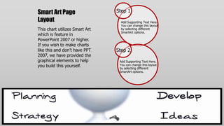 Smart Art Page                  Step 1
Layout                            Add Supporting Text Here.
                                  You can change this layout
This chart utilizes Smart Art     by selecting different
                                  SmartArt options.
which is feature in
PowerPoint 2007 or higher.
If you wish to make charts
like this and don‟t have PPT    Step 2
2007, we have provided the
graphical elements to help       Add Supporting Text Here.
you build this yourself.         You can change this layout
                                 by selecting different
                                 SmartArt options.
 