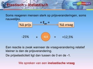 www.economielokaal.nl
Elastisch – Inelastisch
Soms reageren mensen sterk op prijsveranderingen, soms
nauwelijks.
%Δ prijs %Δ vraag
× Epv =
-25% +12,5%-0,5
Een reactie is zwak wanneer de vraagverandering relatief
kleiner is dan de prijsverandering.
De prijselasticiteit ligt dan tussen de 0 en de -1.
We spreken van een inelastische vraag
× =
 