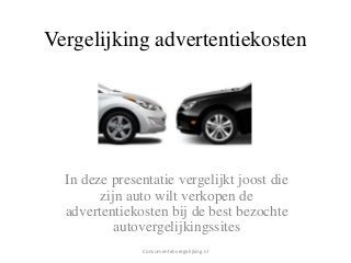 Vergelijking advertentiekosten
In deze presentatie vergelijkt joost die
zijn auto wilt verkopen de
advertentiekosten bij de best bezochte
autovergelijkingssites
Consumentenvergelijking.nl
 