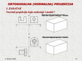 3. februar 2026 14
ORTOGONALNA
ORTOGONALNA (NORMALNA) PROJEKCIJA
(NORMALNA) PROJEKCIJA
3. ZADATAK
3. ZADATAK
Nocrtati projekciju koja nedostaje i model !
Nocrtati projekciju koja nedostaje i model !
Nacrtati izgled odozgo i model
Nacrtati izgled spreda i model
 