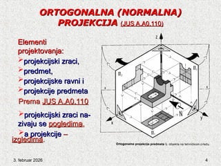 3. februar 2026 4
ORTOGONALNA
ORTOGONALNA (NORMALNA)
(NORMALNA)
PROJEKCIJA
PROJEKCIJA (JUS A.A0.110)
(JUS A.A0.110)
Elementi
Elementi
projektovanja:
projektovanja:
projekcijski zraci,
projekcijski zraci,
predmet,
predmet,
projekcijske ravni i
projekcijske ravni i
projekcije predmeta
projekcije predmeta
Prema
Prema JUS A.A0.110
JUS A.A0.110
projekcijski zraci
projekcijski zraci na-
na-
zivaju se
zivaju se pogledima
pogledima,
,
a projekcije
a projekcije –
–
izgledima
izgledima.
.
 