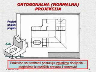 3. februar 2026 9
Pogledom spreda dobija se na
Pogledom spreda dobija se na vertik
vertikalnici
alnici izgled spreda,
izgled spreda,
pogledom odozgo dobija se na horizontalnici
pogledom odozgo dobija se na horizontalnici izgled odozgo
izgled odozgo i
pogledom sleva dobija se na profilnici
pogledom sleva dobija se na profilnici izgled s
izgled sa strane (sleva)
a strane (sleva).
.
ORTOGONALNA
ORTOGONALNA (NORMALNA)
(NORMALNA)
PROJEKCIJA
PROJEKCIJA
Praktično se predmeti prikazuju
Praktično se predmeti prikazuju izgledima
izgledima dobijenih u
dobijenih u
pogledima
pogledima iz različitih pravaca i smerova!
iz različitih pravaca i smerova!
Klik!
Klik!
 