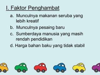I. Faktor Penghambat
a. Munculnya makanan seruba yang
lebih kreatif
b. Munculnya pesaing baru
c. Sumberdaya manusia yang masih
rendah pendidikan
d. Harga bahan baku yang tidak stabil
 