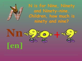 N is for Nine, Ninety
         and Ninety-nine.
       Children, how much is
          ninety and nine?


Nn                +
[en]
 