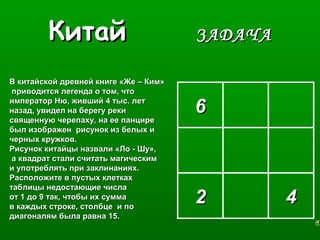 ККииттаайй ЗЗААДДААЧЧАА 
66 
22 44 
ВВ ккииттааййссккоойй ддррееввннеейй ккннииггее «ЖЖее –– ККиимм» 
ппррииввооддииттссяя ллееггееннддаа оо ттоомм,, ччттоо 
ииммппееррааттоорр ННюю,, жжииввшшиийй 44 ттыысс.. ллеетт 
ннааззаадд,, ууввииддеелл ннаа ббееррееггуу ррееккии 
ссввяящщееннннууюю ччееррееппааххуу,, ннаа ееее ппааннццииррее 
ббыылл ииззооббрраажжеенн ррииссуунноокк иизз ббееллыыхх ии 
ччееррнныыхх ккрруужжккоовв.. 
РРииссуунноокк ккииттааййццыы ннааззввааллии «ЛЛоо -- ШШуу»,, 
аа ккввааддрраатт ссттааллии ссччииттааттьь ммааггииччеессккиимм 
ии ууппооттрреебблляяттьь ппррии ззааккллииннаанниияяхх.. 
РРаассппооллоожжииттее вв ппууссттыыхх ккллееттккаахх 
ттааббллииццыы ннееддооссттааюющщииее ччииссллаа 
оотт 11 ддоо 99 ттаакк,, ччттооббыы иихх ссууммммаа 
вв ккаажжддыыхх ссттррооккее,, ссттооллббццее ии ппоо 
ддииааггооннаалляямм ббыыллаа ррааввннаа 1155.. 
 