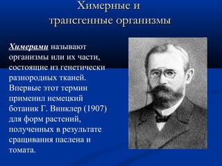Химерные иХимерные и
трансгенные организмытрансгенные организмы
Химерами называют
организмы или их части,
состоящие из генетически
разнородных тканей.
Впервые этот термин
применил немецкий
ботаник Г. Винклер (1907)
для форм растений,
полученных в результате
сращивания паслена и
томата.
 