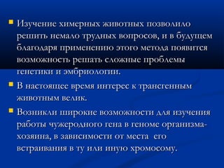  Изучение химерных животныхИзучение химерных животных позволилопозволило
решить немало трудных вопросов, и в будущемрешить немало трудных вопросов, и в будущем
благодаря применению этого метода появитсяблагодаря применению этого метода появится
возможность решать сложные проблемывозможность решать сложные проблемы
генетики и эмбриологии.генетики и эмбриологии.
 В настоящее время интерес к трансгеннымВ настоящее время интерес к трансгенным
животным велик.животным велик.
 Возникли широкие возможности для изученияВозникли широкие возможности для изучения
работы чужеродного гена в геноме организма-работы чужеродного гена в геноме организма-
хозяина, в зависимости от места егохозяина, в зависимости от места его
встраивания в ту или иную хромосому.встраивания в ту или иную хромосому.
 