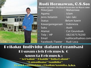 











Pekerjaan
Agama
Jenis Kelamin
Status
Kewarganegaraan
Suku
Alamat
Telp / HP
Email
Facebook/Tweter

: Mahasiswa
: Islam
: laki-laki
:Belum kawin
: Indonesia
: Aceh
: Cot Geunduek
: 082367576200
:rudiloca@yahoo.com
: Rudi Loca

18/01/2014

1

 