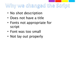 • No shot description
• Does not have a title
• Fonts not appropriate for
  script
• Font was too small
• Not lay out properly
 