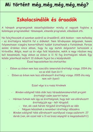 Mi történt még,még,még,még,még?


                   Iskolacsinálók és óraadók
A hónapok programjainak összefoglalásakor mindig el vagyunk foglalva a
különleges programokkal: témanapok, elmenős programok, előadások stb.

Ne felejtkezzünk el azonban azokról az óraadókról, akik közben – nem mellesleg
– az érettségire készítik fel a diákokat. Nem látványosan dolgoznak, hanem
folyamatosan vizsgára konvertálható tudást biztosítanak a fiataloknak. Persze
semmi érdekes nincs abban, hogy ha egy matek dolgozatot beteszünk a
hírlevélbe. Mégis, most az év vége felé közeledve, nekik is nagy részben meg
kell köszönnünk, hogy ebben az évben is 11 fő fog érettségizni nálunk. Egy
külsős jelentkező mellett 10 diákunk fejezi be a középiskolát.
                       Ezzel kapcsolatban kis statisztika:

   -     Ebben az évben nem lesz szociális ismeretek érettségi vizsga. 2004 óta
                                 ez az első ilyen év:
       - Ebben az évben nem lesz előrehozott érettségi vizsga. 2005 óta még
                                   nem volt ilyen

                                Ezzel vége is a rossz híreknek

            -     Minden eddiginél több diák tesz társadalomismeretből projekt
                                   érettségit szám szerint hatan
        -       Hárman futnak neki úgy az érettséginek, hogy már van előrehozott
                                  érettségijük egy – két tárgyból.
                     - Van, aki csak három tárgyból érettségizik az idén
                    - Négyen készülnek a novemberi érettségi időszakra
        -       Minden eddiginél több előrehozott osztályozó vizsga született: 27
                darab (van, aki ezzel már a 11-es biosz anyagtól is megszabadult☺)

                                                                      8
 