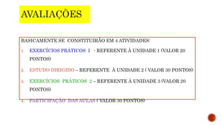 BASICAMENTE SE CONSTITUIRÃO EM 4 ATIVIDADES:
1. EXERCÍCIOS PRÁTICOS I - REFERENTE À UNIDADE 1 (VALOR 20
PONTOS)
2. ESTUDO DIRIGIDO – REFERENTE À UNIDADE 2 ( VALOR 30 PONTOS)
3. EXERCÍCIOS PRÁTICOS 2 – REFERENTE À UNIDADE 3 (VALOR 20
PONTOS)
4. PARTICIPAÇÃO DAS AULAS ( VALOR 30 PONTOS)
 