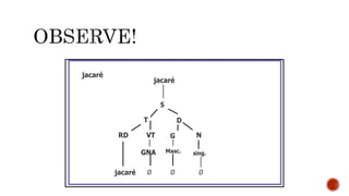 jacaré
jacaré
S
T D
RD VT G N
GNA Masc. sing.
jacaré Ø Ø Ø
 