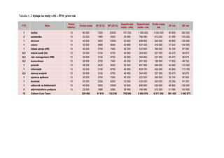 Tabulka č. 2 Výdaje na mzdy v Kč – ŘTH, první rok
FTE Role
Počet
měsíců
Hrubá mzda ZP (9 %) SP (25 %)
Superhrubá
mzda - měs.
Superhrubá
mzda - rok
Hrubá mzda
rok
ZP rok SP rok
1 ředitel 13 80 000 7200 20000 107 200 1 393 600 1 040 000 93 600 260 000
2 asistentka 13 22 000 1980 5500 29 480 766 480 572 000 51 480 143 000
1 ekonom 13 40 000 3600 10000 53 600 696 800 520 000 46 800 130 000
1 účetní 13 32 000 2880 8000 42 880 557 440 416 000 37 440 104 000
1 lidské zdroje (HR) 13 30 000 2700 7500 40 200 522 600 390 000 35 100 97 500
0,5 interní audit (IA) 13 35 000 3150 8750 46 900 304 850 227 500 20 475 56 875
0,5 risk management (RM) 13 35 000 3150 8750 46 900 304 850 227 500 20 475 56 875
0,5 komunikace 13 30 000 2700 7500 40 200 261 300 195 000 17 550 48 750
1 právník 13 38 000 3420 9500 50 920 661 960 494 000 44 460 123 500
1 informatik 13 35 000 3150 8750 46 900 609 700 455 000 40 950 113 750
0,5 datový analytik 13 35 000 3150 8750 46 900 304 850 227 500 20 475 56 875
1 správce aplikace 13 30 000 2700 7500 40 200 522 600 390 000 35 100 97 500
1 kontrola 13 25 000 2250 6250 33 500 435 500 325 000 29 250 81 250
1 odborník na bibliometrii 13 40 000 3600 10000 53 600 696 800 520 000 46 800 130 000
2 administrativní podpora 13 22 000 1980 5500 29 480 766 480 572 000 51 480 143 000
15 Celkem Core Team 529 000 47 610 132 250 708 860 8 805 810 6 571 500 591 435 1 642 875
 